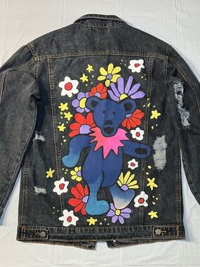 Hand-Painted Women’s Dark Denim Jacket with Grateful Dead Colorful Bear Motif M